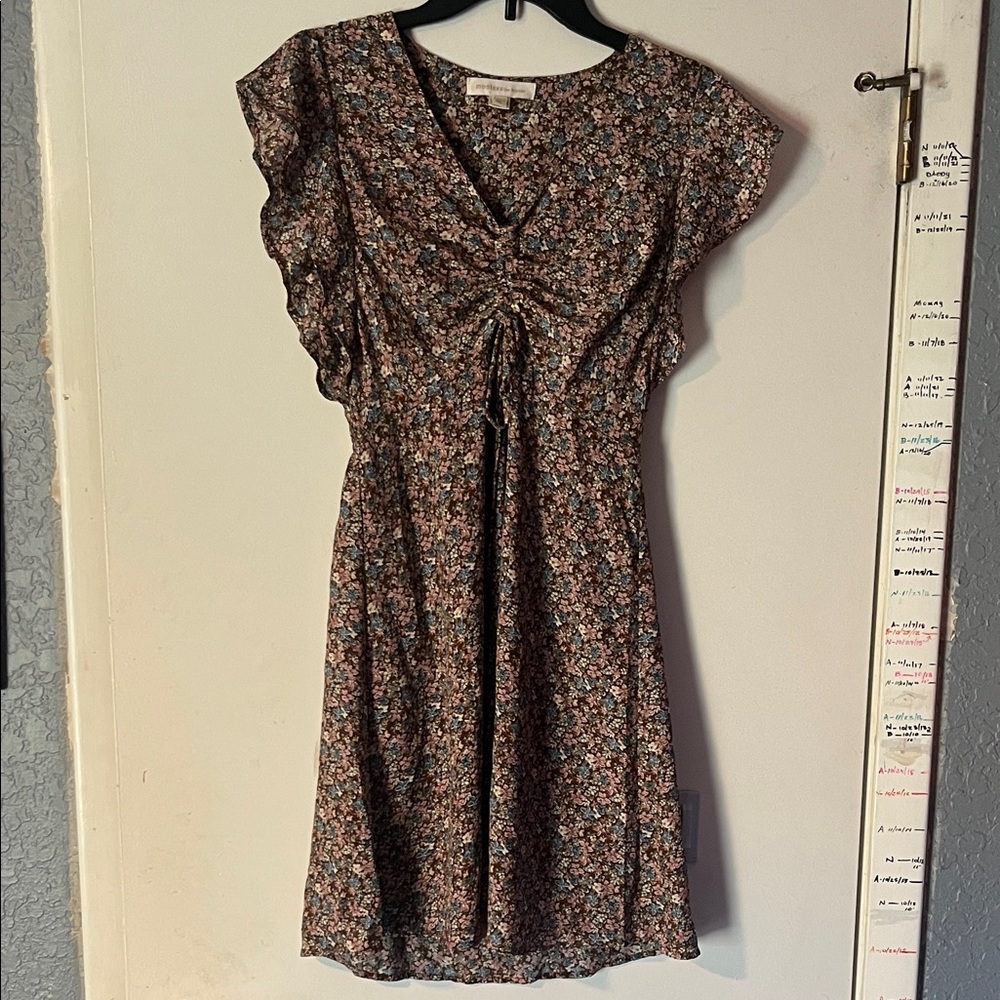 Monteau Brown Floral Midi Dress with Blue & Pink Accents